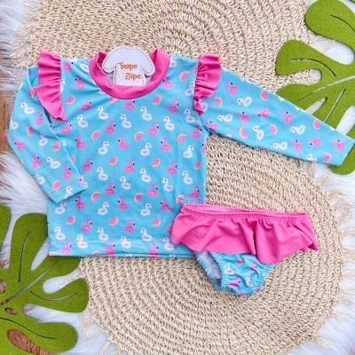 Linha Praia - Blusa com Proteção UV50+ e Calcinha - Flamingos e Unicórnios - Verde Água 